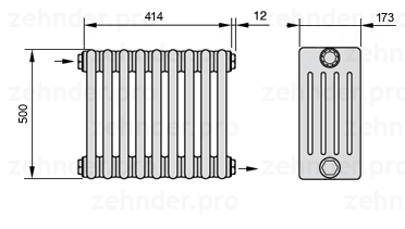 Схема (чертеж) Радиатор Zehnder Charleston 5050/9 №1670 Белый глянцевый RAL 9016
